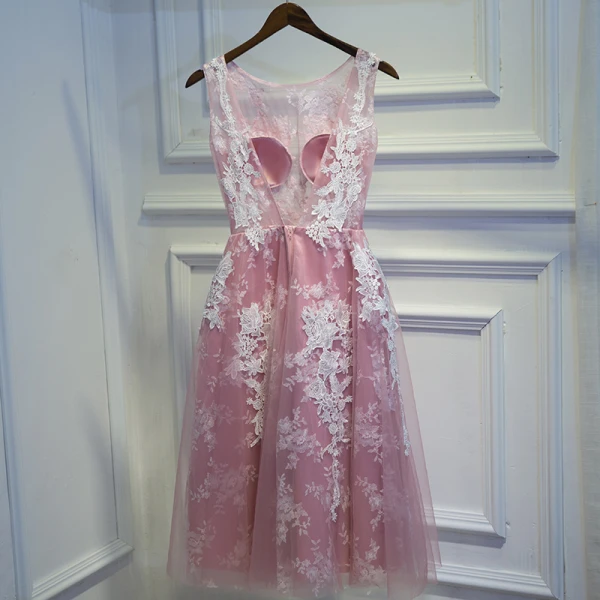 Lovely Candy Pink Graduation Dresses 2017 Lace Flower Backless Scoop Neck Sleeveless Short A-Line / Princess Formal Dresses