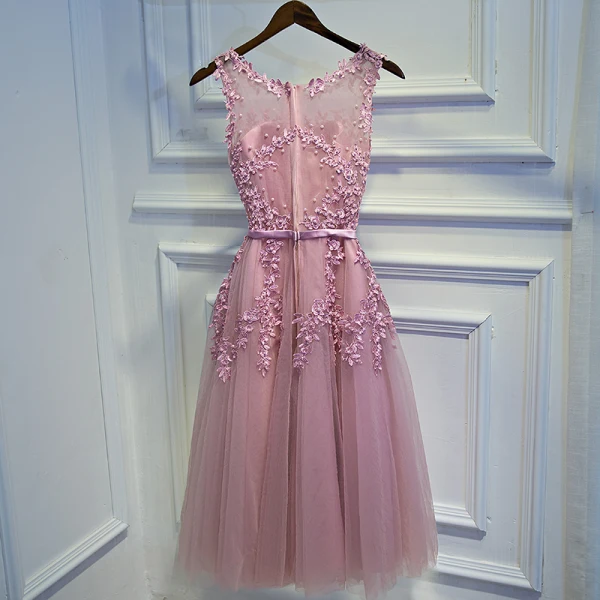 Modest / Simple Candy Pink Bridesmaid Dresses 2017 A-Line / Princess Lace Flower Beading Scoop Neck Sleeveless Short Wedding Party Dresses