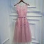 Modest / Simple Candy Pink Bridesmaid Dresses 2017 A-Line / Princess Lace Flower Beading Scoop Neck Sleeveless Short Wedding Party Dresses