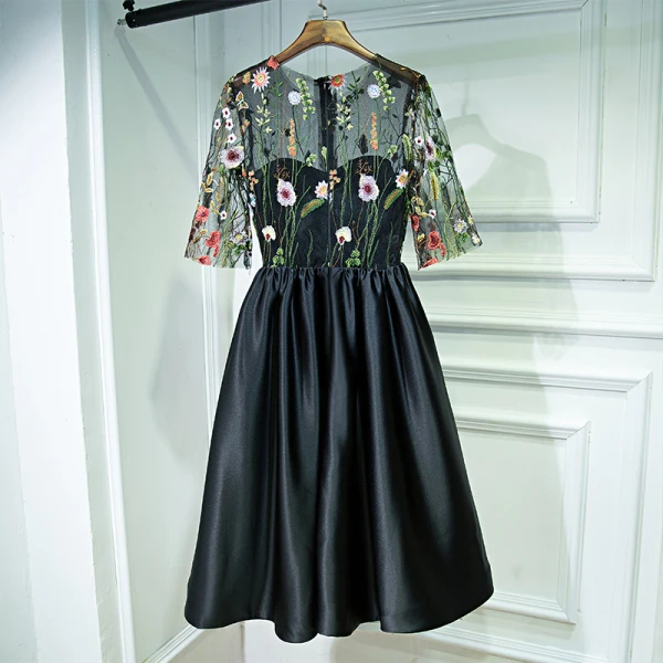 Chic / Belle Noir Robe De Ceremonie Robe De Soirée 2017 En Dentelle Fleur Encolure Dégagée 1/2 Manches Courte Princesse