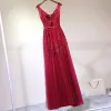 Chic / Beautiful Red Formal Dresses 2017 A-Line / Princess Lace Flower Beading Backless U-Neck Sleeveless Ankle Length Evening Dresses