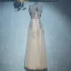 Chic / Belle Gris Robe Pour Mariage 2017 En Dentelle Fleur Paillettes Lanières Sans Manches Encolure Dégagée Longueur Cheville Empire Robe Demoiselle D'honneur