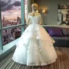 Elegant White Wedding Dresses 2017 Ball Gown Lace Flower Sequins Backless Off-The-Shoulder Short Sleeve Floor-Length / Long