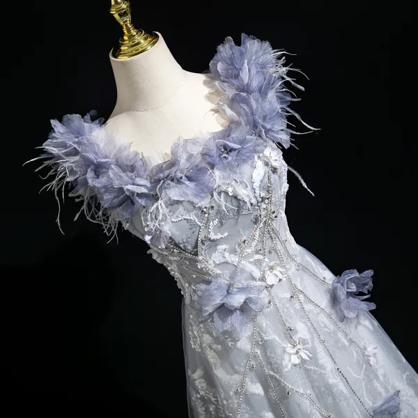 Elegante Himmelblau Perlenstickerei Applikationen Strass Pailletten Ballkleider 2025 A Linie Eckiger Ausschnitt Ärmellos Rückenfreies Lange Ball Festliche Kleider