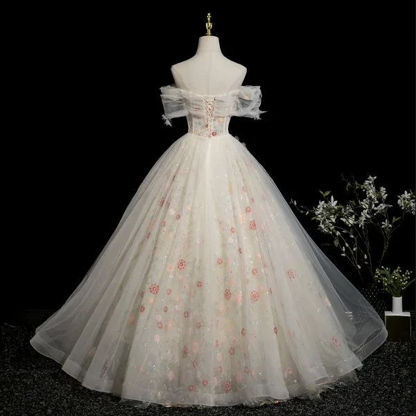Elegant Beige Beading Sequins Appliques Prom Dresses 2025 Ball Gown Off-The-Shoulder Short Sleeve Backless Floor-Length / Long Formal Dresses