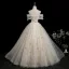 Elegant Beige Beading Sequins Appliques Prom Dresses 2025 Ball Gown Off-The-Shoulder Short Sleeve Backless Floor-Length / Long Formal Dresses