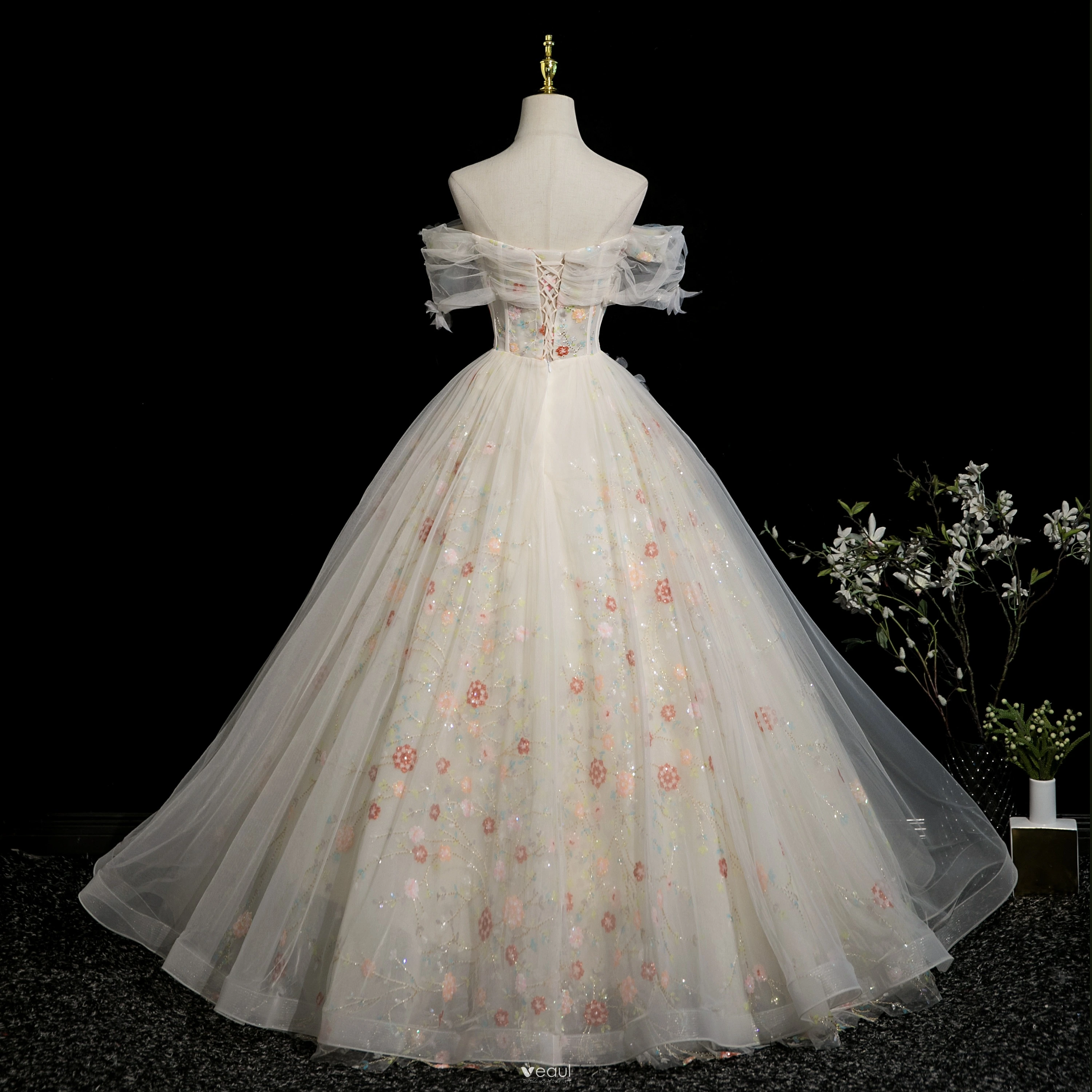 Elegant Beige Beading Sequins Appliques Prom Dresses 2025 Ball Gown  Off-The-Shoulder Short Sleeve Backless Floor-Length / Long Formal Dresses
