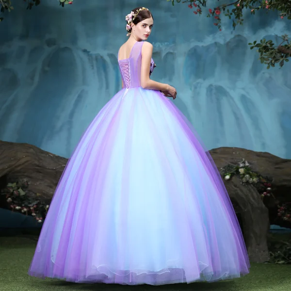Vintage / Retro Quinceañera Lavender Prom Dresses 2018 Ball Gown Appliques Lace V-Neck Backless Sleeveless Floor-Length / Long Formal Dresses