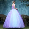 Vintage / Retro Quinceañera Lavender Prom Dresses 2018 Ball Gown Appliques Lace V-Neck Backless Sleeveless Floor-Length / Long Formal Dresses