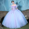 Vintage / Retro Quinceañera Lavender Prom Dresses 2018 Ball Gown Appliques Rhinestone Sweetheart Backless Sleeveless Floor-Length / Long Formal Dresses