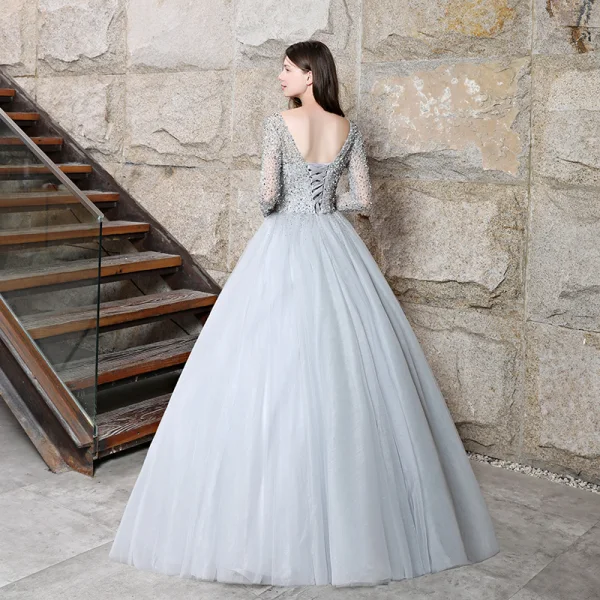 Sparkly Grey Prom Dresses 2018 Ball Gown Beading Sequins Scoop Neck Long Sleeve Backless Floor-Length / Long Formal Dresses