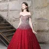 Sparkly Burgundy Prom Dresses 2018 Ball Gown Beading Rhinestone Sequins Off-The-Shoulder Backless Sleeveless Floor-Length / Long Formal Dresses