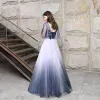 Chic / Beautiful Navy Blue Evening Dresses  2018 A-Line / Princess Appliques Lace Sequins Square Neckline Backless 3/4 Sleeve Floor-Length / Long Formal Dresses