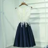 Chic / Beautiful Navy Blue Graduation Dresses 2017 A-Line / Princess Lace Flower Sequins Zipper Up Scoop Neck Sleeveless Short Formal Dresses