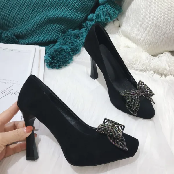 Chic / Beautiful Black Prom Pumps 2021 Leather Rhinestone Bow 10 cm Stiletto Heels Pointed Toe Pumps High Heels