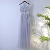 Modest / Simple Grey Bridesmaid Dresses 2017 A-Line / Princess Lace Flower Sequins Zipper Up V-Neck Sleeveless Ankle Length Wedding Party Dresses
