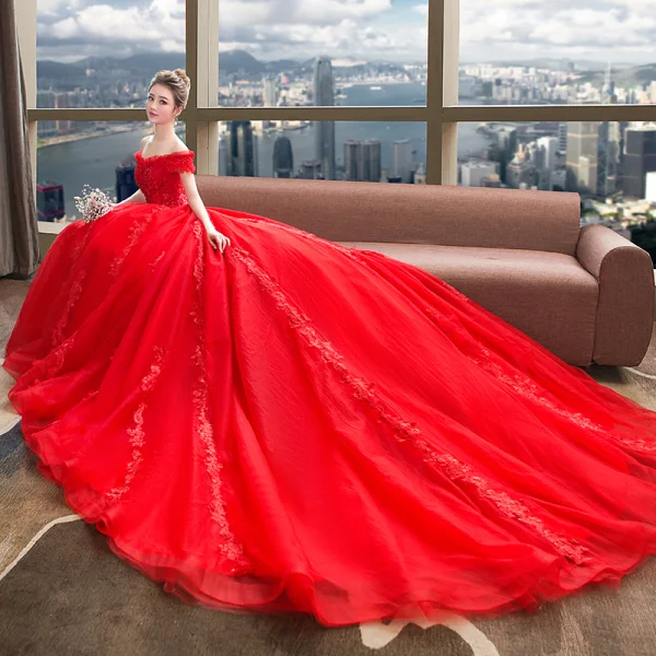 Modern / Fashion Red Wedding Dresses 2018 Ball Gown Beading Lace Sequins Off-The-Shoulder Backless Short Sleeve Royal Train Wedding