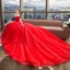 Modern / Fashion Red Wedding Dresses 2018 Ball Gown Beading Lace Sequins Off-The-Shoulder Backless Short Sleeve Royal Train Wedding