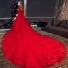 Modern / Fashion Red Wedding Dresses 2018 A-Line / Princess Appliques Lace Crystal Scoop Neck 3/4 Sleeve Royal Train Wedding
