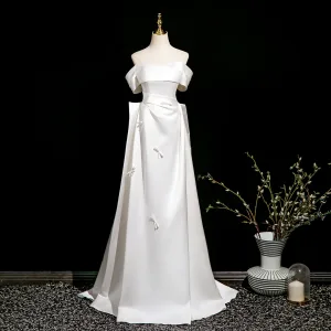 Vintage Retro Ivory Bow Short Sleeve Satin Wedding Dresses 2025 A Line Princess Off The Shoulder Backless Floor Length Long Wedding