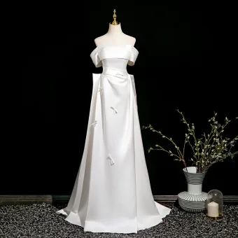 Vintage Ivory Creme Schleife Kurze Ärmel Satin Brautkleider Hochzeitskleider 2025 A Linie Off Shoulder Rückenfreies Lange Hochzeit