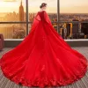 Chic / Beautiful Red Wedding Dresses 2018 Ball Gown Lace Flower Pearl Sequins Scoop Neck Long Sleeve Cathedral Train Wedding
