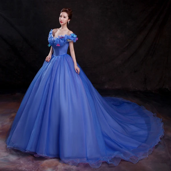 Cinderella Royal Blue Prom Dresses 2018 Ball Gown Appliques Off-The-Shoulder Backless Sleeveless Cathedral Train Formal Dresses