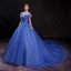 Cinderella Royal Blue Prom Dresses 2018 Ball Gown Appliques Off-The-Shoulder Backless Sleeveless Cathedral Train Formal Dresses