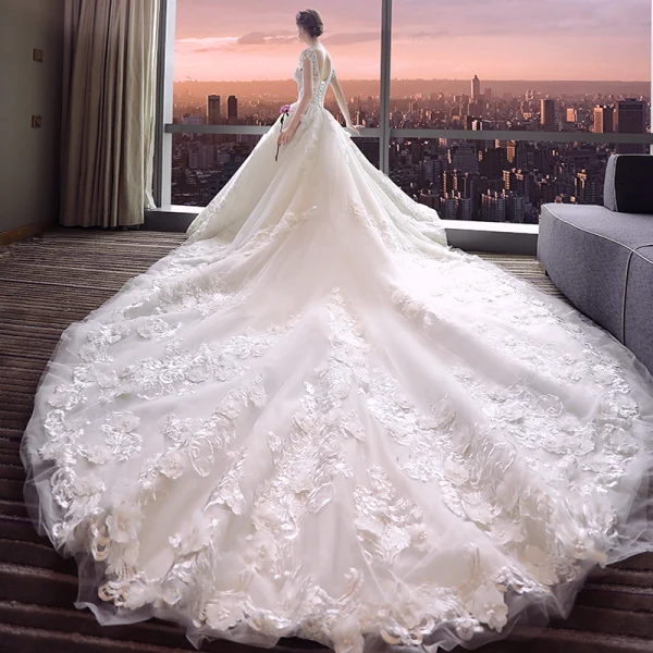 Luxury / Gorgeous Ivory Wedding Dresses 2018 Ball Gown Appliques Lace Flower Sequins V-Neck Backless Short Sleeve Royal Train Wedding