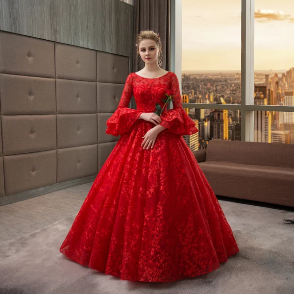 Schöne Rot Brautkleider 2018 Ballkleid Star Rundhalsausschnitt Lange Ärmel Rückenfreies Kathedrale Schleppe Hochzeit