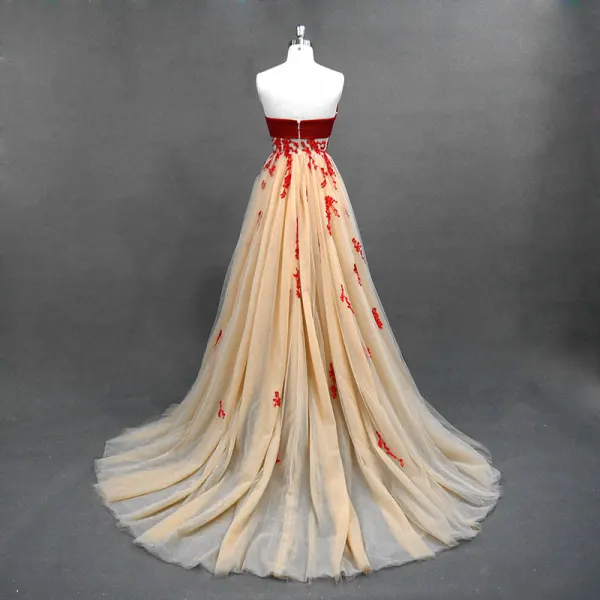 Chic / Belle Champagne Robe De Bal 2018 Princesse En Dentelle Fleur Noeud Bustier Dos Nu Sans Manches Train De Balayage Robe De Ceremonie