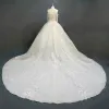 Luxury / Gorgeous Champagne Wedding Dresses 2018 Ball Gown Lace Flower Beading Sequins Strapless Short Sleeve Backless Royal Train Wedding