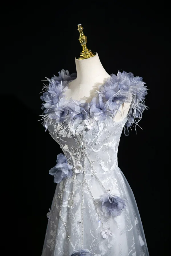 Elegante Himmelblau Perlenstickerei Applikationen Strass Pailletten Ballkleider 2025 A Linie Eckiger Ausschnitt Ärmellos Rückenfreies Lange Ball Festliche Kleider