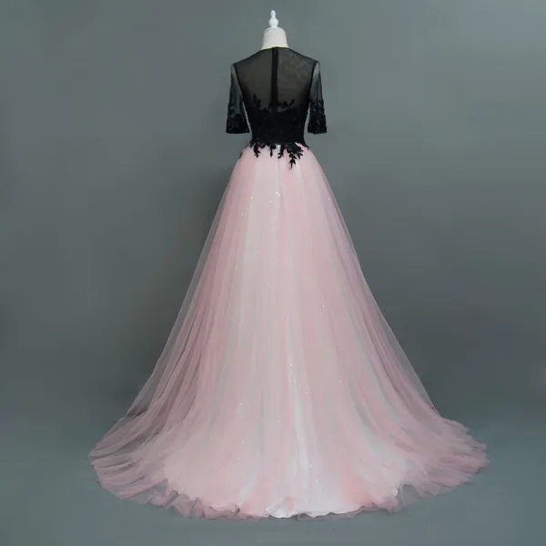 Sparkly Pearl Pink Evening Dresses 2018 A-Line / Princess Beading Lace Flower Scoop Neck 1/2 Sleeves Sweep Train Formal Dresses