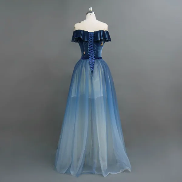 Modern / Fashion Navy Blue Evening Dresses 2018 A-Line / Princess Star Suede Bow Scoop Neck Short Sleeve Floor-Length / Long Formal Dresses