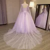 Elegant Lavender Prom Dresses 2018 Ball Gown Appliques Lace Flower Beading Pearl Sequins Scoop Neck Backless Sleeveless Watteau Train
