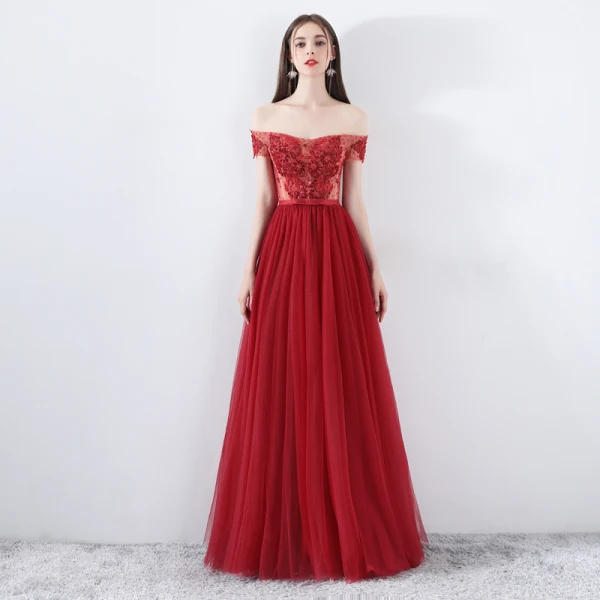 Chic / Beautiful Burgundy Prom Dresses 2018 A-Line / Princess Beading Crystal Lace Flower Off-The-Shoulder Backless Sleeveless Floor-Length / Long Formal Dresses