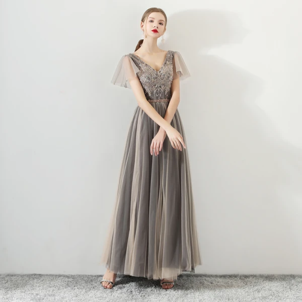 Modern / Fashion Champagne Black Prom Dresses 2018 A-Line / Princess Sequins Lace Flower V-Neck Short Sleeve Backless Ankle Length Formal Dresses