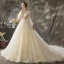 Charming Champagne Wedding Dresses 2018 A-Line / Princess Lace Flower Appliques Pearl Scoop Neck Long Sleeve Backless Cathedral Train Wedding