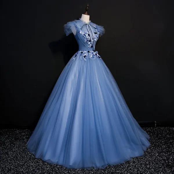 Vintage / Retro Ocean Blue Prom Dresses 2018 Ball Gown Lace Flower Appliques Bow Scoop Neck Backless Short Sleeve Floor-Length / Long Formal Dresses