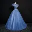 Vintage / Retro Ocean Blue Prom Dresses 2018 Ball Gown Lace Flower Appliques Bow Scoop Neck Backless Short Sleeve Floor-Length / Long Formal Dresses