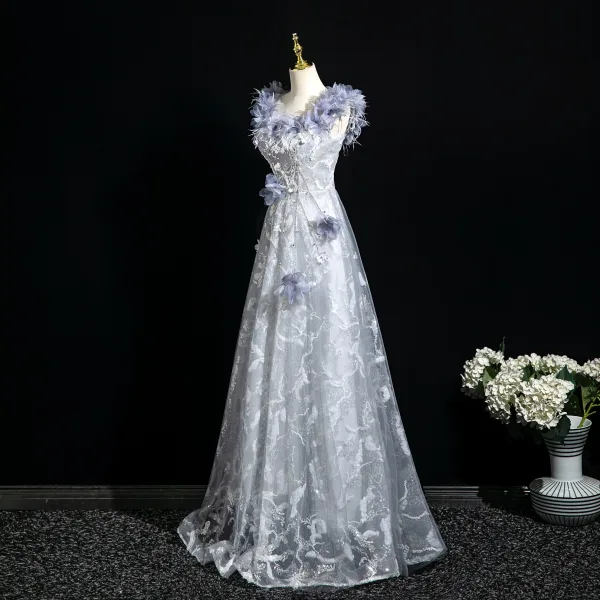 Elegante Himmelblau Perlenstickerei Applikationen Strass Pailletten Ballkleider 2025 A Linie Eckiger Ausschnitt Ärmellos Rückenfreies Lange Ball Festliche Kleider