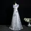 Elegante Himmelblau Perlenstickerei Applikationen Strass Pailletten Ballkleider 2025 A Linie Eckiger Ausschnitt Ärmellos Rückenfreies Lange Ball Festliche Kleider