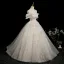Elegant Beige Beading Sequins Appliques Prom Dresses 2025 Ball Gown Off-The-Shoulder Short Sleeve Backless Floor-Length / Long Formal Dresses