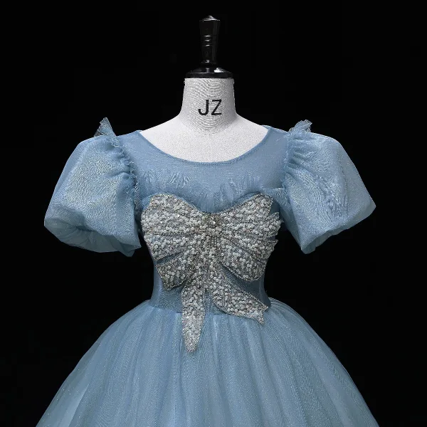 Chic / Beautiful Pool Blue Prom Dresses 2022 Ball Gown Scoop Neck Beading Puffy Short Sleeve Backless Floor-Length / Long Formal Dresses