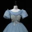 Chic / Beautiful Pool Blue Prom Dresses 2022 Ball Gown Scoop Neck Beading Puffy Short Sleeve Backless Floor-Length / Long Formal Dresses