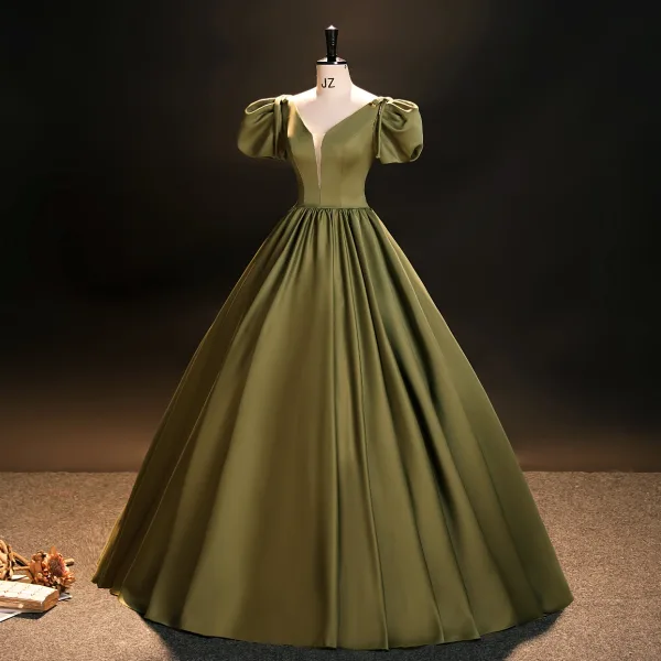 Vintage / Retro Modest / Simple Clover Green Satin Prom Dresses 2023 Ball Gown V-Neck Puffy Short Sleeve Backless Floor-Length / Long Prom Formal Dresses