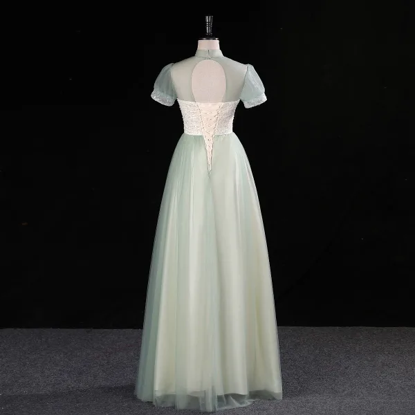 Chic / Beautiful Sage Green Sequins Prom Dresses 2023 A-Line / Princess High Neck Short Sleeve Backless Floor-Length / Long Prom Formal Dresses