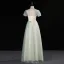 Chic / Beautiful Sage Green Sequins Prom Dresses 2023 A-Line / Princess High Neck Short Sleeve Backless Floor-Length / Long Prom Formal Dresses