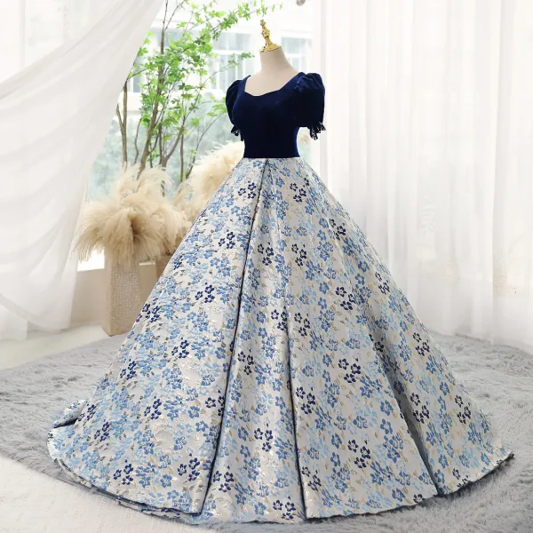 Elegant Navy Blue Printing Prom Dresses 2023 Ball Gown Square Neckline Short Sleeve Backless Floor-Length / Long Prom Formal Dresses